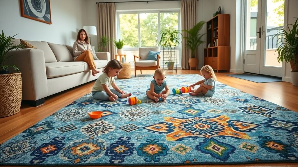 Cozy contemporary St. Charles living room featuring a colorful patterned area rug on hardwood floors, with children playing and morning light