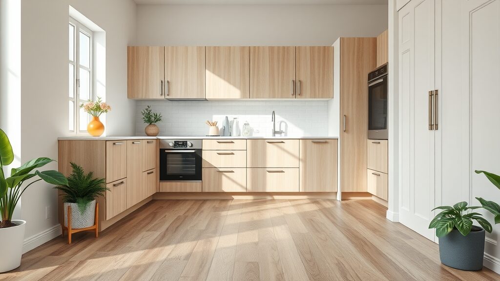 Modern kitchen in St. Charles MO with stylish laminate flooring, clean design, highly detailed wood grain, and natural daylight