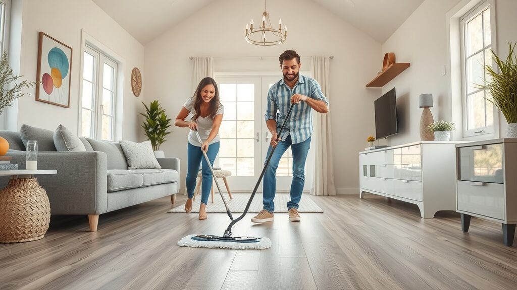 Vinyl plank flooring maintenance Missouri - cheerful family cleaning modern vinyl plank floor in inviting Missouri home, bright and naturally lit living room