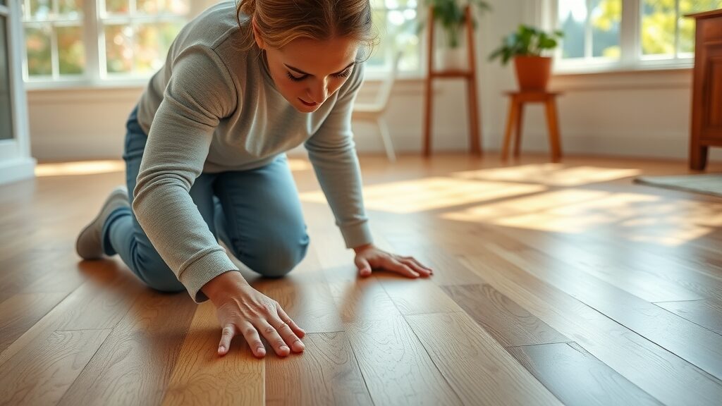 Homeowner inspecting hardwood floors for gaps or swelling during seasonal maintenance