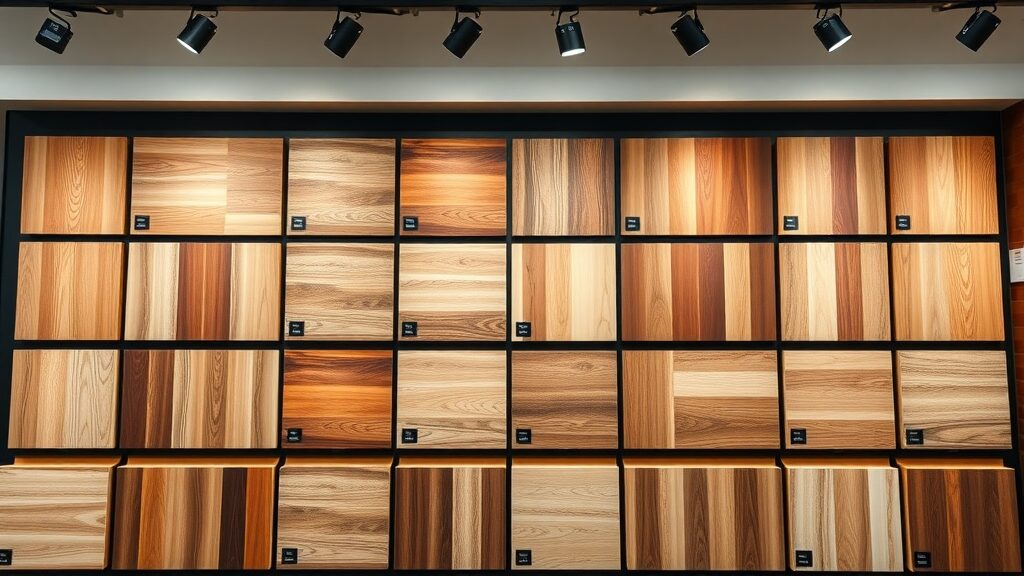 Display wall of hardwood and laminate floor samples, hardwood vs laminate flooring colors and finishes