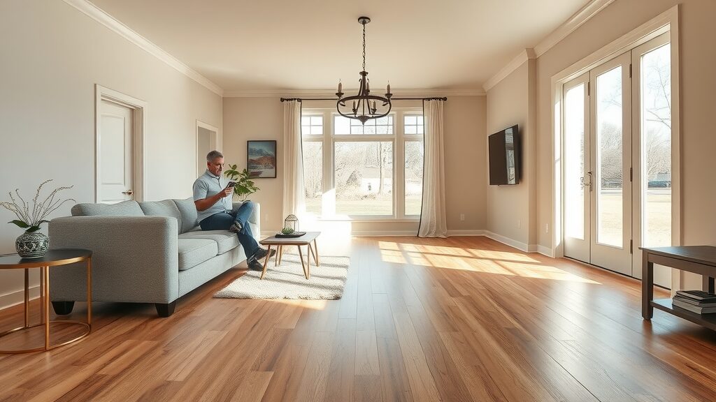 Elegant St. Charles MO living room featuring newly installed hardwood flooring, comfortable and inviting, homeowner admiring the seamless finish, modern open-plan with neutral walls, large windows, sunlight streaming across warm wood planks, soft beige and honey tones, high detail. Hardwood flooring St. Charles MO.