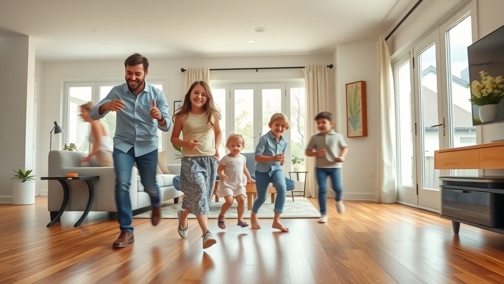 best flooring materials st. charles modern living room with hardwood floors, happy family enjoying space