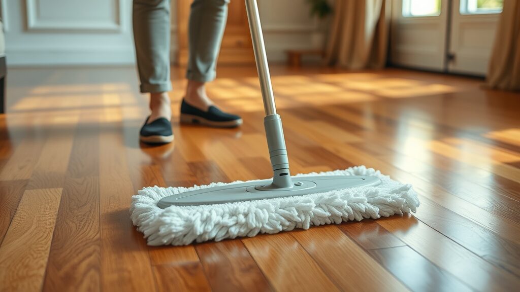 Professional cleaning hardwood floor with microfiber mop, detailed wood patterns, gentle golden brown hues, photorealistic technique for wood floor care