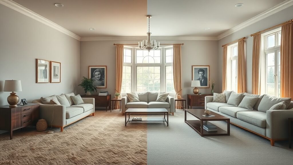 Before and after carpet installation, living room transformation in St Charles MO