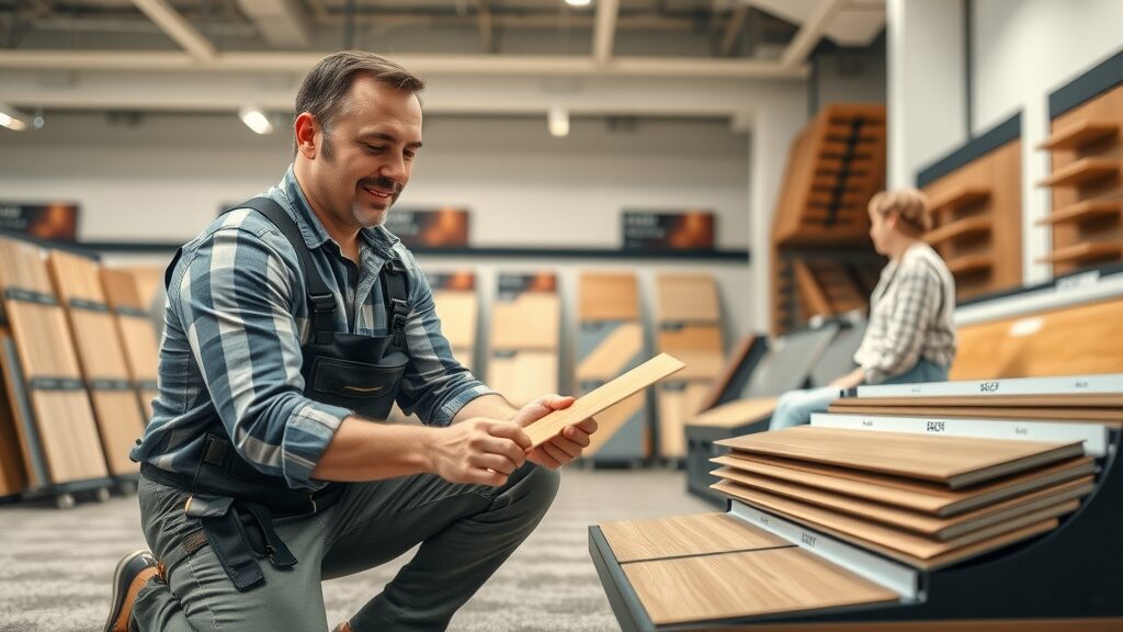Professional flooring contractor showing carpet and hardwood flooring samples in St. Charles MO showroom