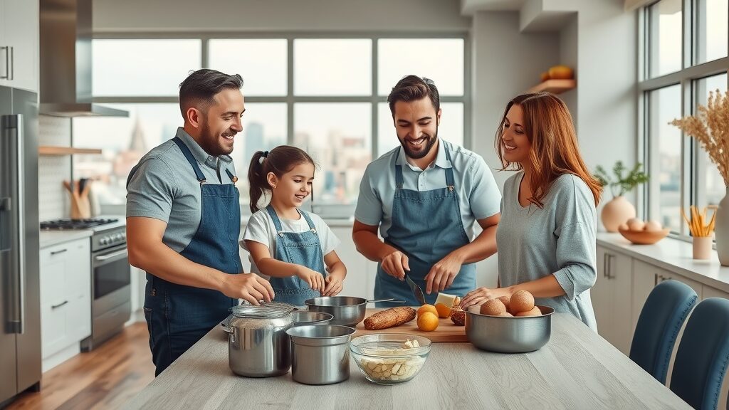 modern kitchen luxury vinyl flooring, regional flooring preferences, family cooking, cityscape background, easy cleanup