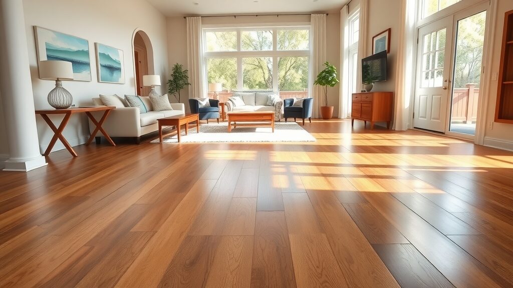 warm, beautifully refinished hardwood floors in a modern St. Charles living room with polished natural wood tones, sunlight streaming in, bright home interior furniture
