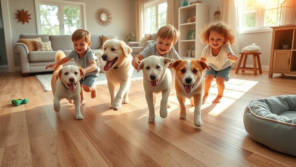 children and pets playing on durable residential vinyl plank flooring Missouri, bright living room, vinyl plank floors performance