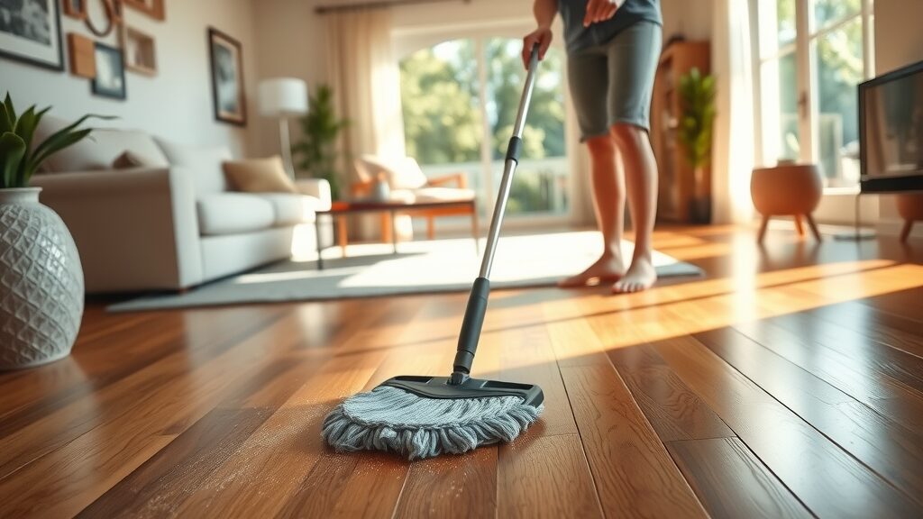 Warm inviting living room with gleaming hardwood floors, homeowner gently dusting floor with microfiber mop