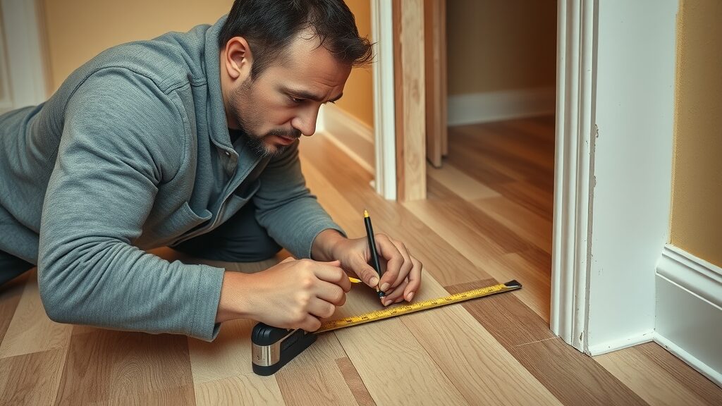 skilled installer measuring and marking laminate plank to cut around a door jamb, focused, wood shavings, detailed tool marks
