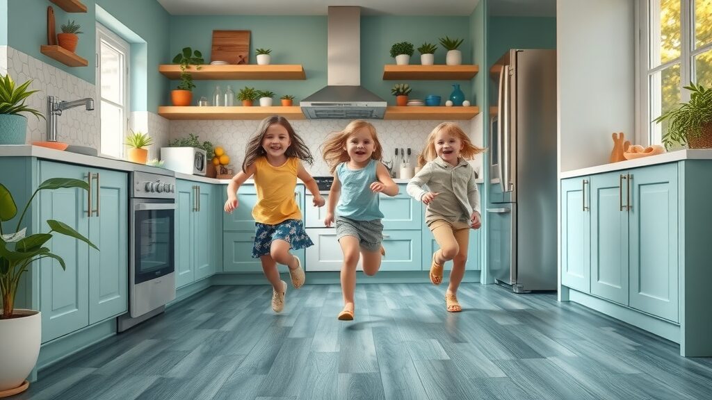 Trendy family kitchen with children running on waterproof vinyl flooring, local decor and motion blur