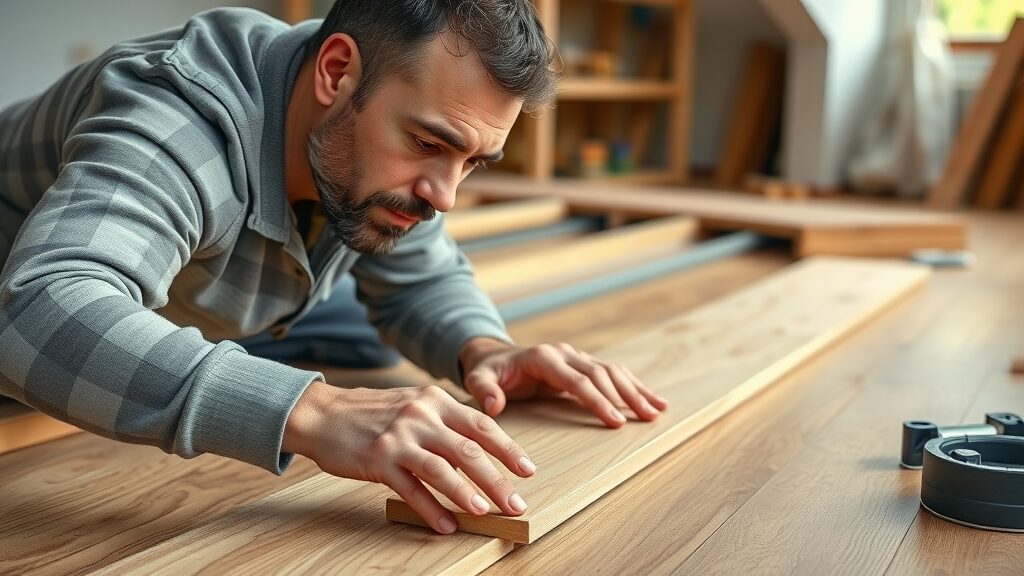 Craftsman installing hardwood floor planks, installation of solid hardwood floor, wood floor preparation