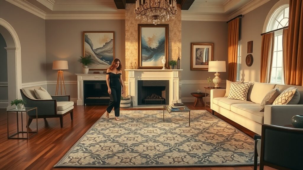 Elegant St. Charles living room, area rug over hardwood floor, designer decor, earth tones