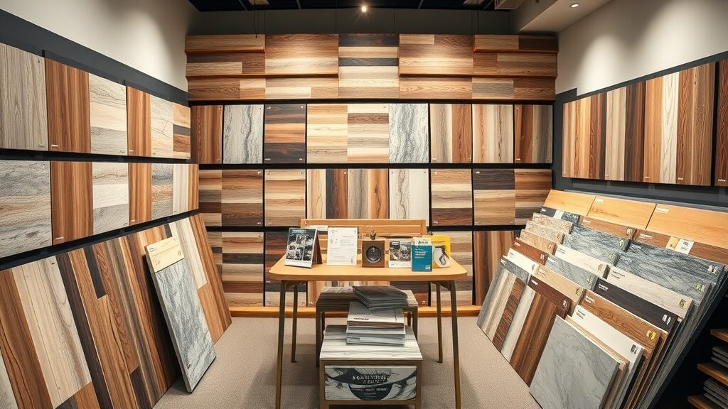 array of luxury vinyl flooring wood, stone, and tile style samples, Missouri design studio, expert presenting options