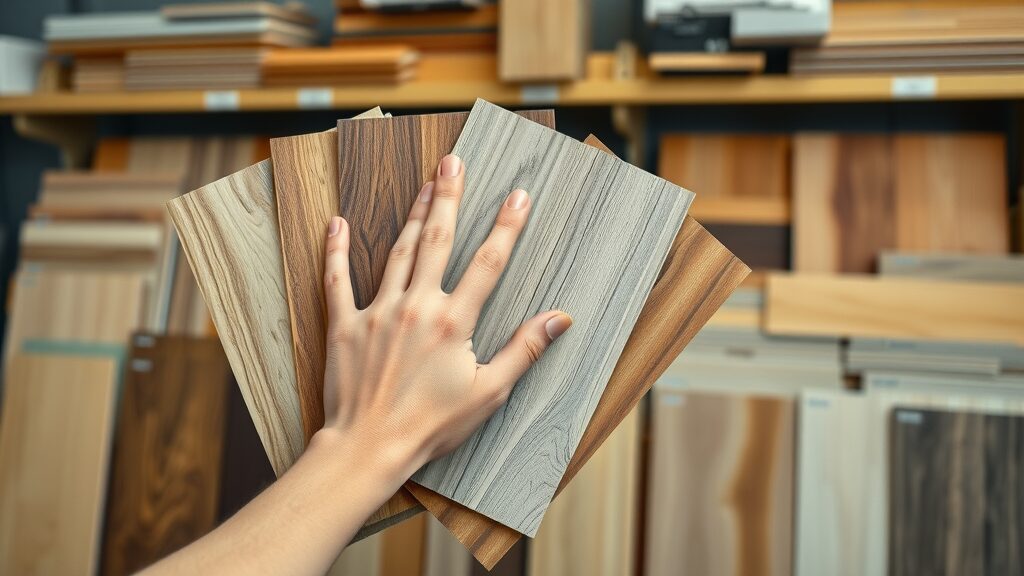 diverse collection of flooring samples for regional flooring preferences, wood and vinyl, showroom setting, detailed textures