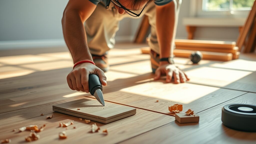 Skilled local flooring installer placing hardwood planks - hardwood flooring installation
