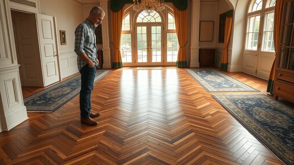 Classic herringbone hardwood floor with timeless elegant setting, admiring traditional wood flooring