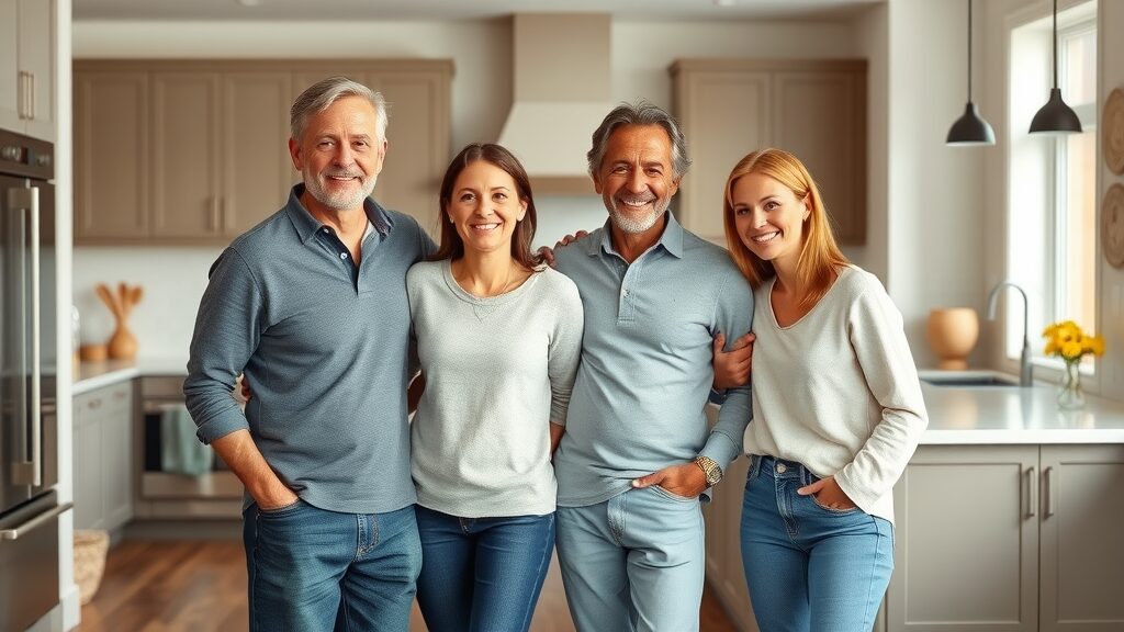 Happy homeowners in updated kitchen with luxury vinyl plank flooring - wood flooring satisfaction