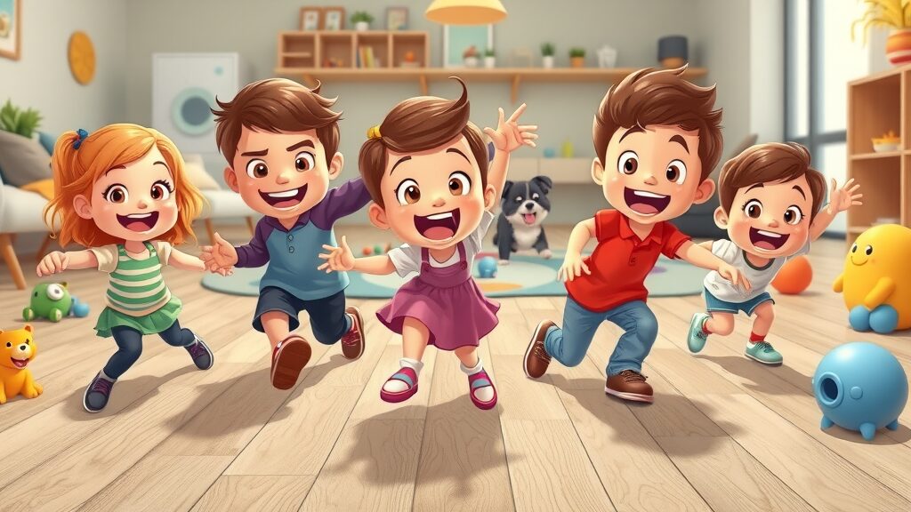 Kids and pets playing on scratch-resistant vinyl plank flooring - vinyl floor for busy homes