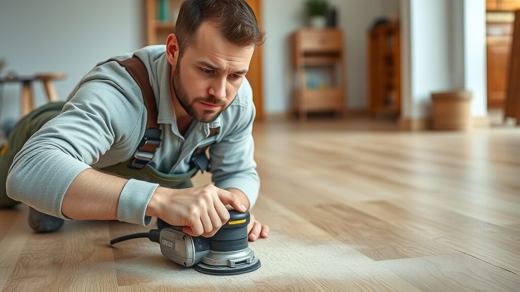 professional hardwood flooring contractor sanding floor in St. Charles, visible wood grains and high quality finishing tools, detailed local expertise