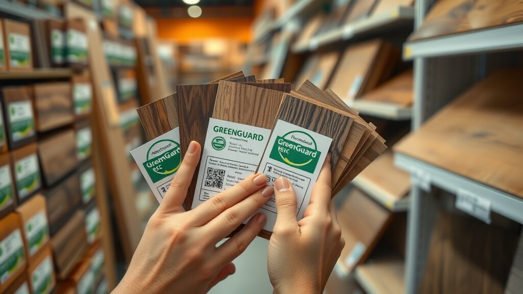 Eco-friendly flooring labels showing FSC and GreenGuard certifications, wood samples, thoughtful inspection, sustainable flooring material
