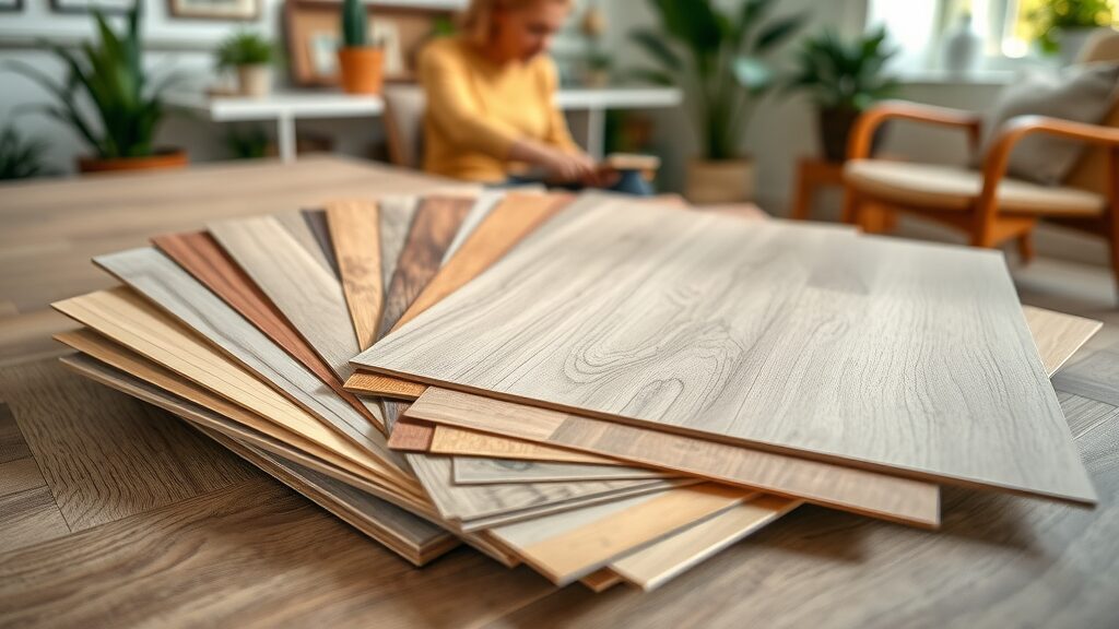 a close-up of various vinyl plank flooring samples fanned on a design table, interior designer reviewing swatches, luxury vinyl plank flooring styles missouri