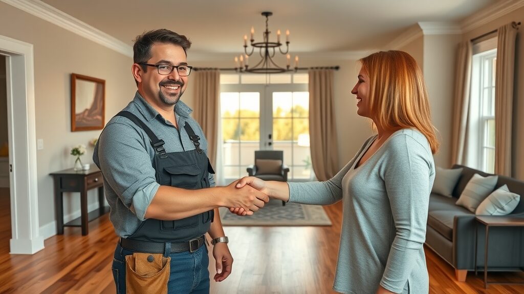 trusted local flooring contractor with homeowner, handshake, new wood flooring, Saint Charles