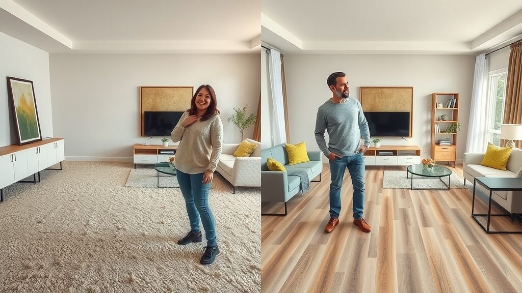 Before-and-after living room renovation: old carpet replaced with elegant wood flooring in a St. Charles MO home, modern decor and natural lighting