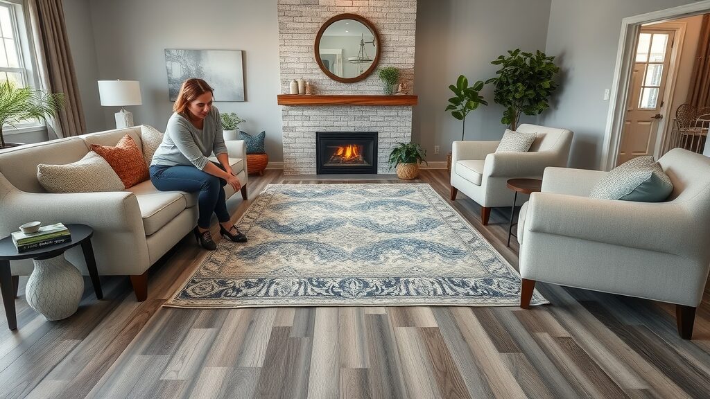 Chic St. Charles MO living room blending luxury vinyl flooring and decorative area rugs, woman arranging patterned rug over wood-look vinyl, stylish residential flooring options St. Charles MO.