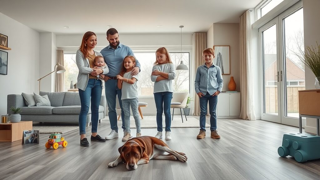 Modern St. Charles MO family discussing affordable laminate flooring choice for their home with kids and pets
