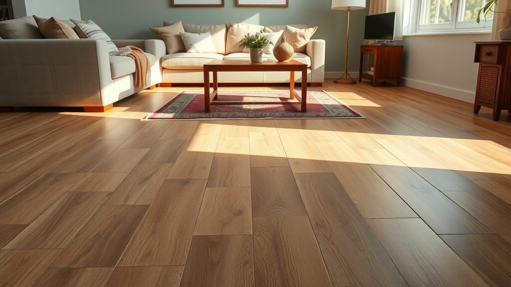 sunlight streaming onto discolored vinyl plank flooring in a living room, subtle signs of minor dents near heavy furniture, vinyl plank flooring styles missouri