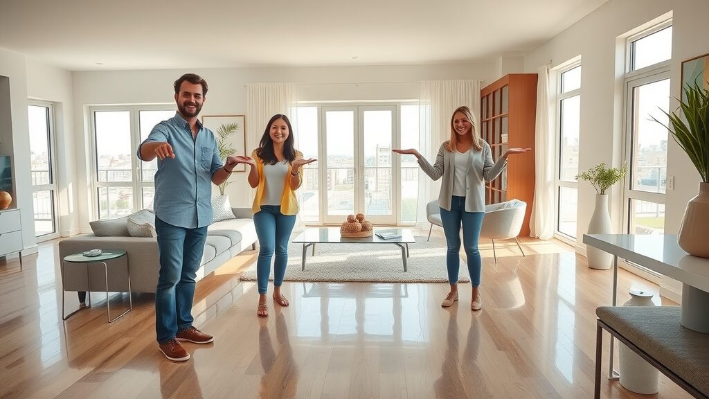 Inviting modern St. Charles home interior with family enjoying new affordable flooring St. Charles MO, natural lighting and cityscape view