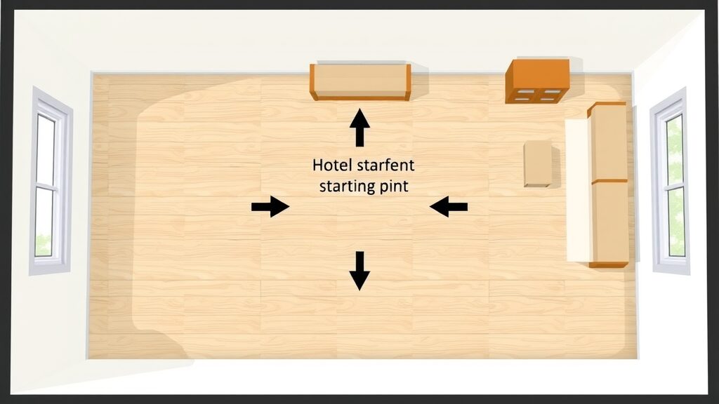 diagram illustration showing correct starting point for installing flooring, arrows indicating direction, clean room layout