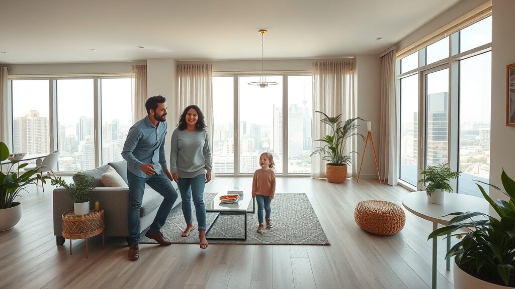 modern open-plan living room with elegant floors and family smiling, flooring trends 2025, warm neutral tones, large windows, bright daylight.