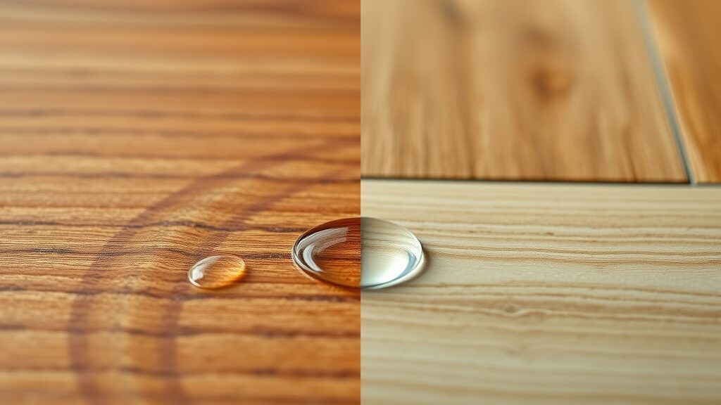 Close-up showing water droplet on hardwood and laminate flooring, hardwood vs laminate water damage, scratch resistance