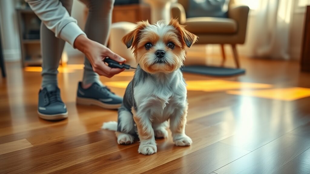 Owner trimming small dog's nails on polished hardwood floor with protective pads under furniture