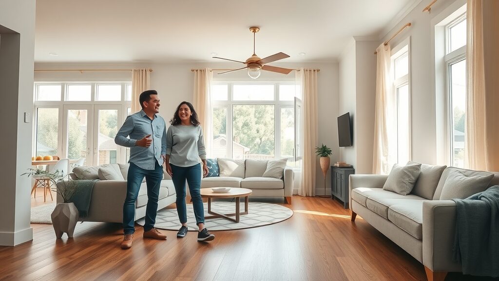 Open concept living room with homeowners admiring newly installed local hardwood floor - local flooring styles