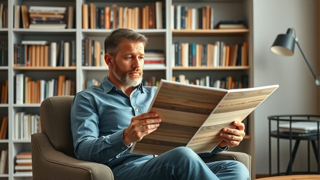 contemporary home office interior designer reviewing floor samples, flooring trends 2025, textures of wood and stone.