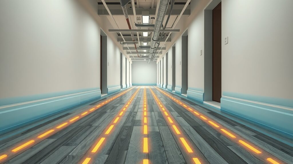 Modern floor cross-section displaying layers, including underfloor heating and wood planks