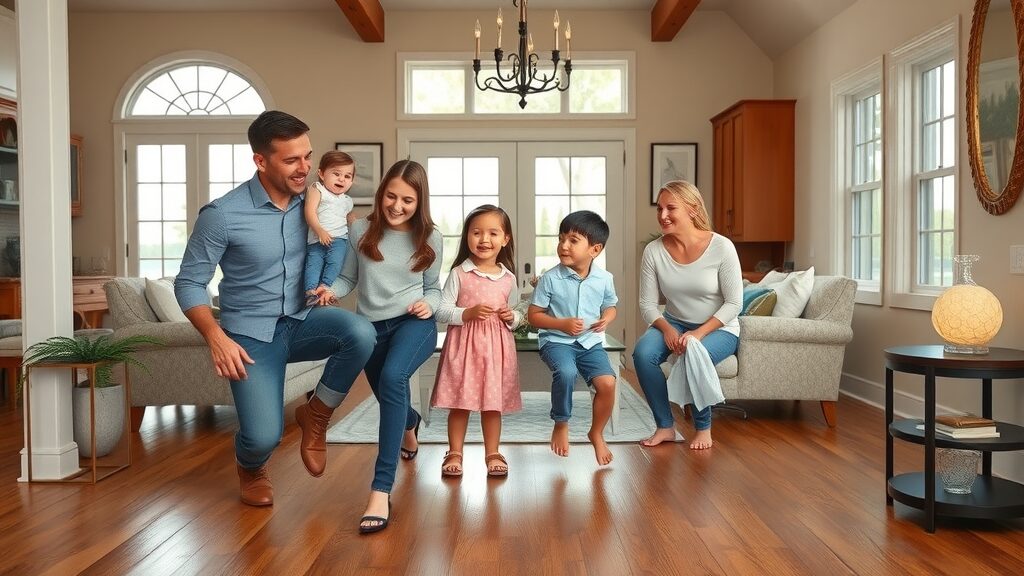 Classic Lake St. Charles Missouri home with new polished hardwood flooring, happy family, warm sunlight