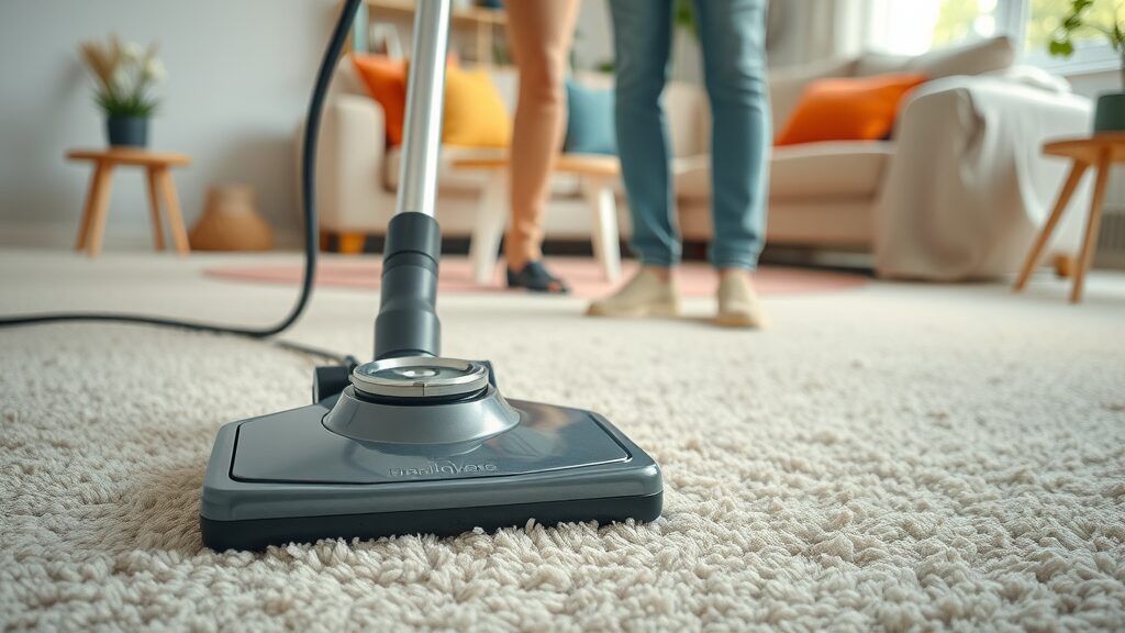 Homeowner vacuuming new plush carpet install in St. Charles MO, high-quality floor covering with modern interior