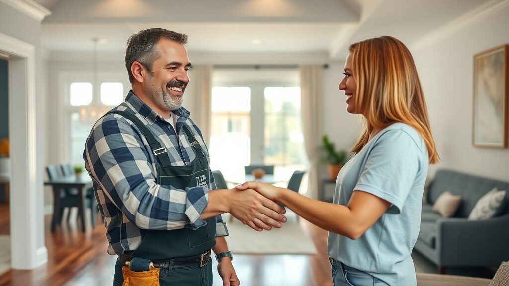 Contractor and homeowner handshake in newly finished Saint Charles home - trustworthy flooring contractors st. charles