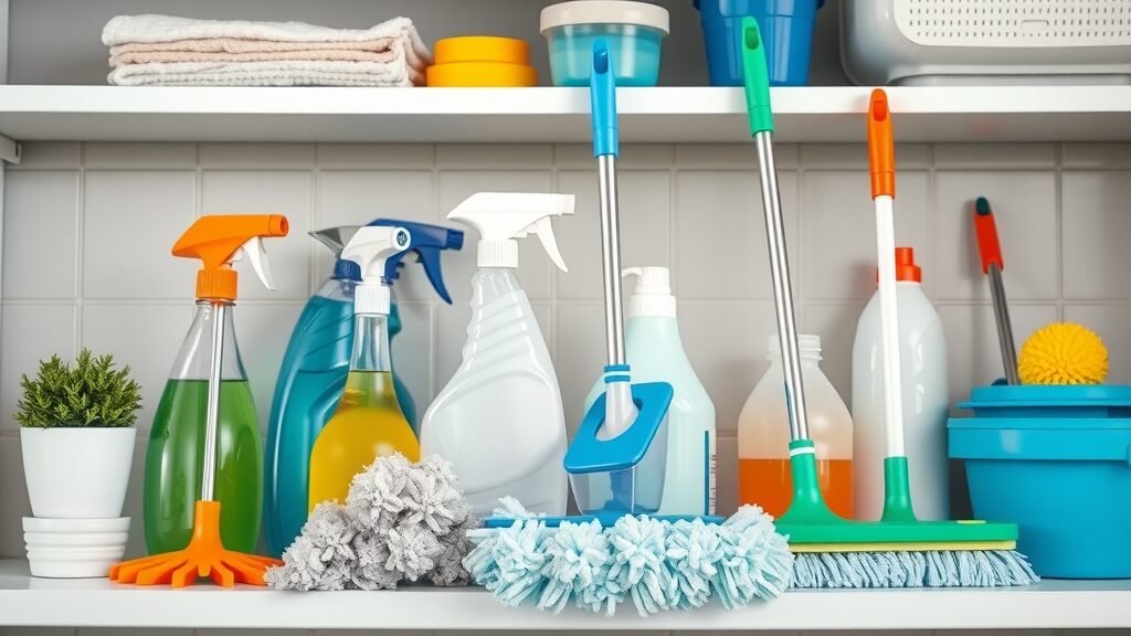Organized cleaning supplies for floor care, modern tools, clean shelf, photorealistic utility room with highly detailed spray bottles, mops, and vibrant color palette