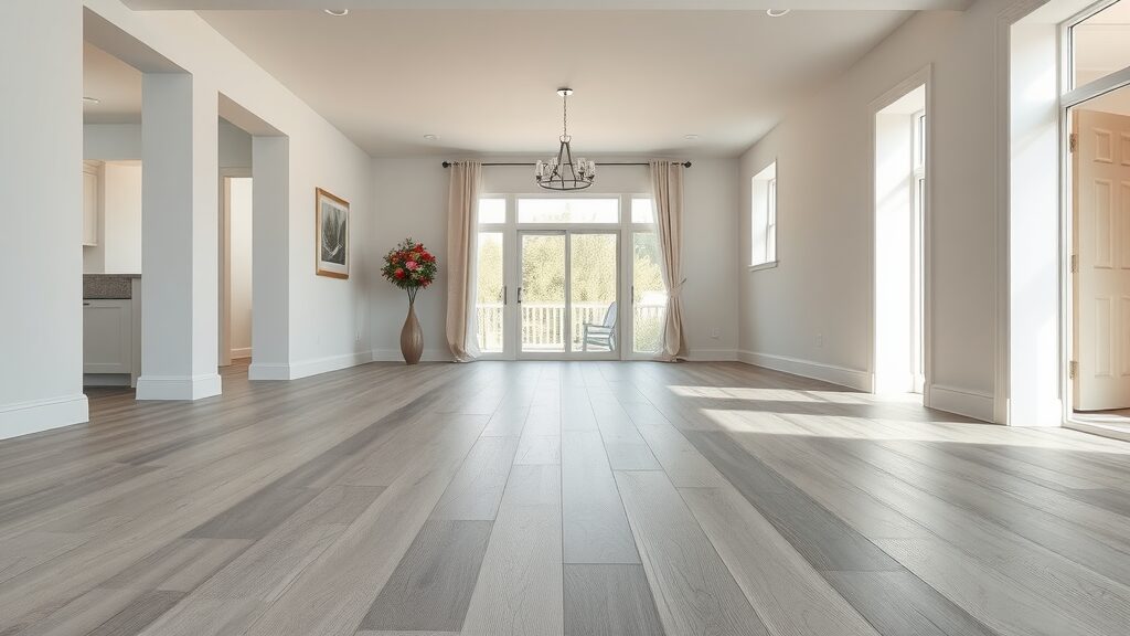 Contemporary open floor plan with seamless transition from wood to vinyl flooring, color harmony