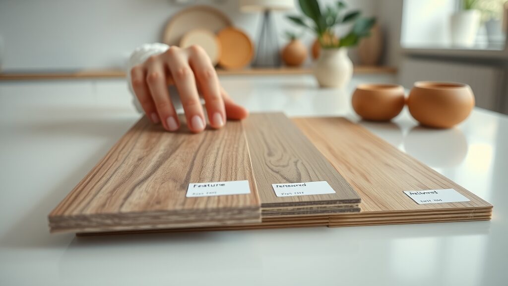 Close-up feature comparison: engineered wood, vinyl, and hardwood flooring samples
