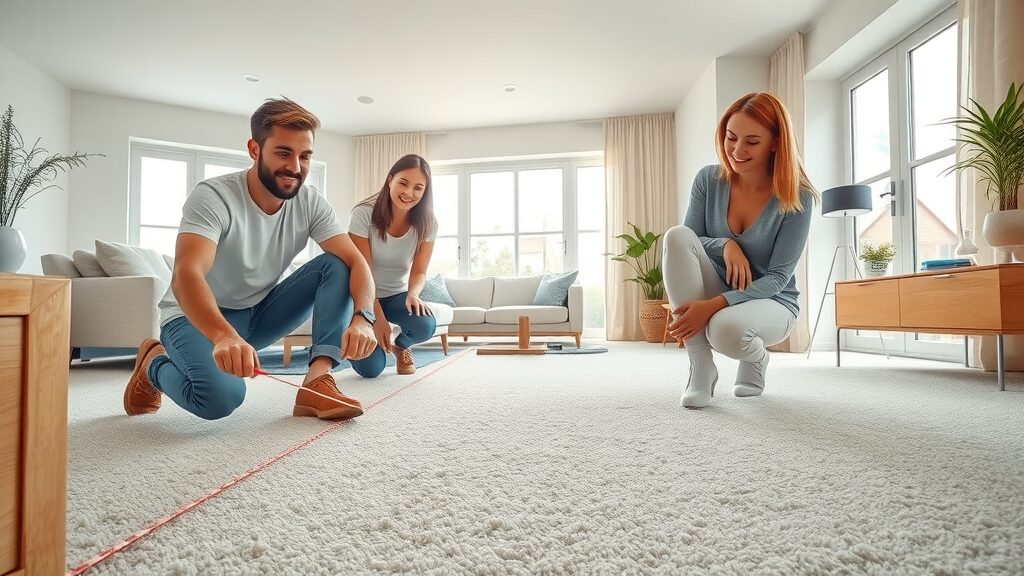 Bright modern living room, homeowners observing carpet installers measuring and laying plush new carpet in St. Charles MO