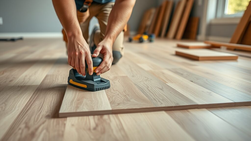 professional installer fitting luxury vinyl plank flooring Missouri, dynamic placement, inside Missouri home, flooring installation expert