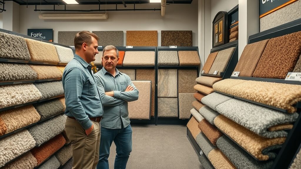 Selection of carpet samples, plush and Berber styles, carpet installer with customer in St. Charles MO flooring showroom