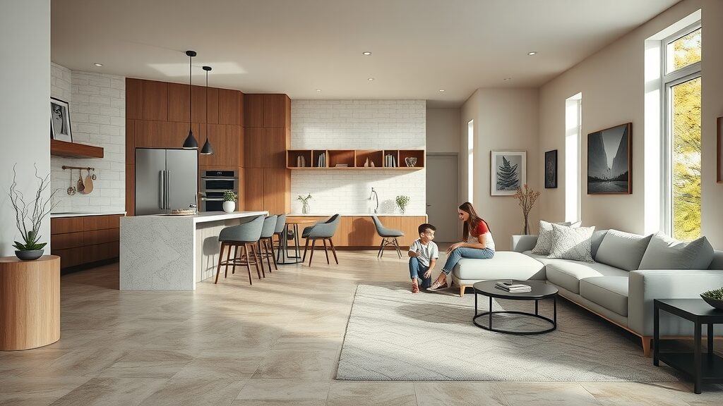 tile flooring, natural stone, and area rug in st. charles kitchen and living area, family enjoying modern flooring options